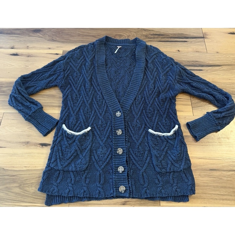Free People Montana Cable Knit Cardigan Women M Blue Longline Button Pocket